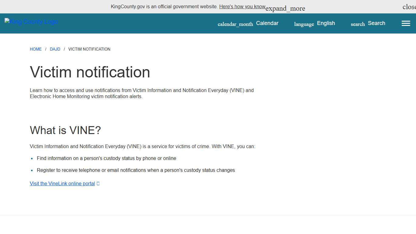 Victim notification - King County, Washington