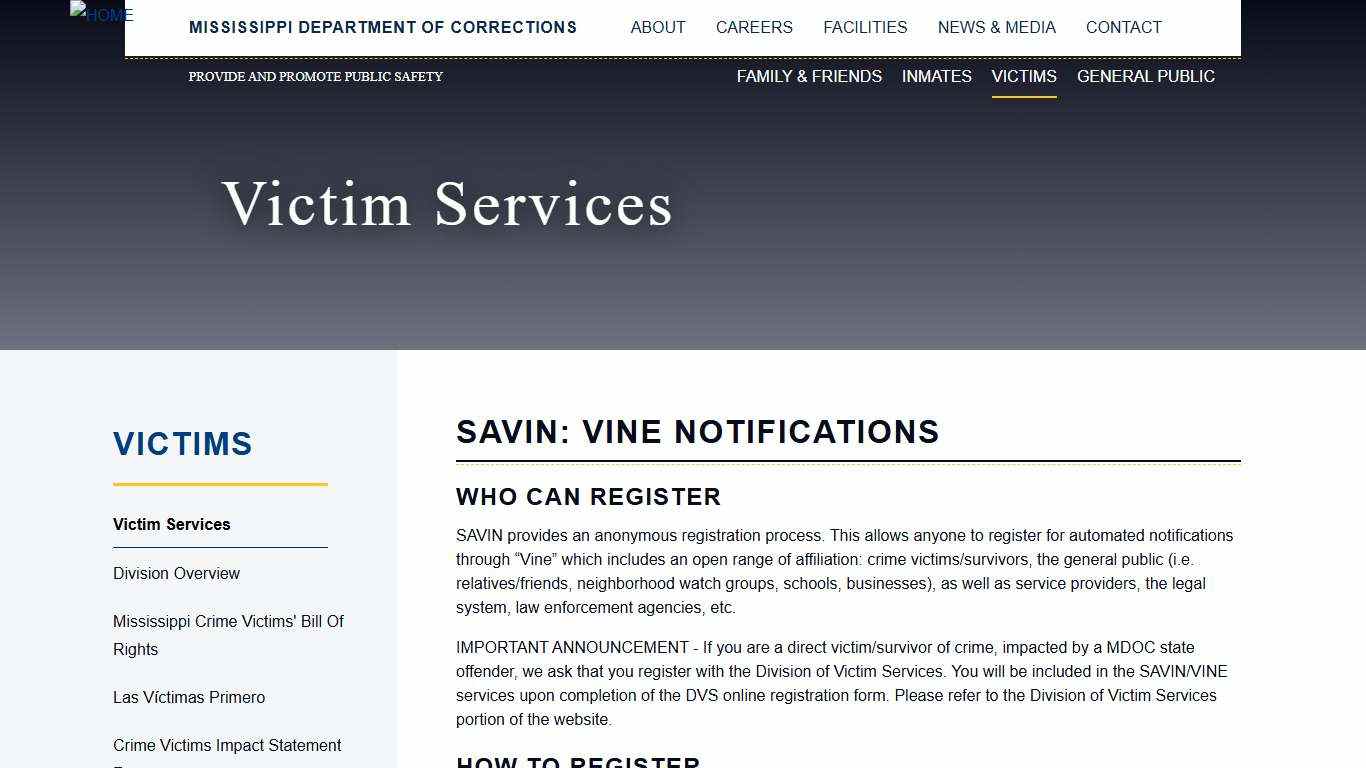 SAVIN: VINE Notifications Mississippi Department of Corrections