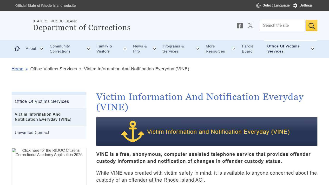 Victim Information And Notification Everyday (VINE) Department of Corrections
